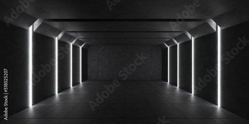 Fototapeta Naklejka Na Ścianę i Meble -  Dark Sci-Fi abstract concrete led white light cyber background. the tunnel factory led light interior and empty background. 3d illustration