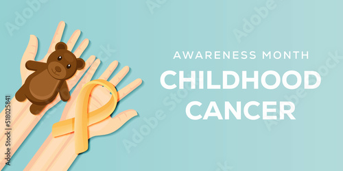 Childhood cancer awareness month illustration with hands holding yellow ribbon and teddy bear