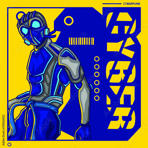 Karate cyborg in cyberpunk art style. Colorful fiction design with dark background. 