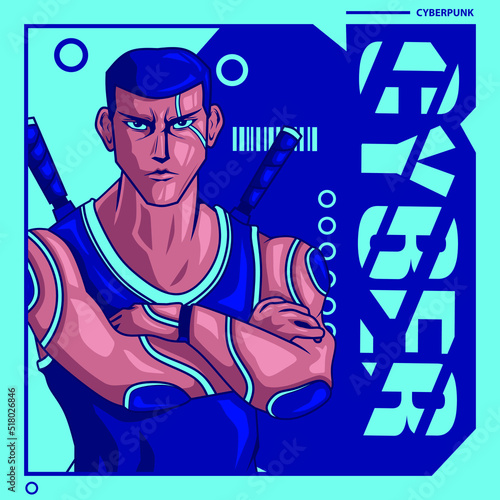 Samurai cyberpunk logo vector fiction colorful design illustration.