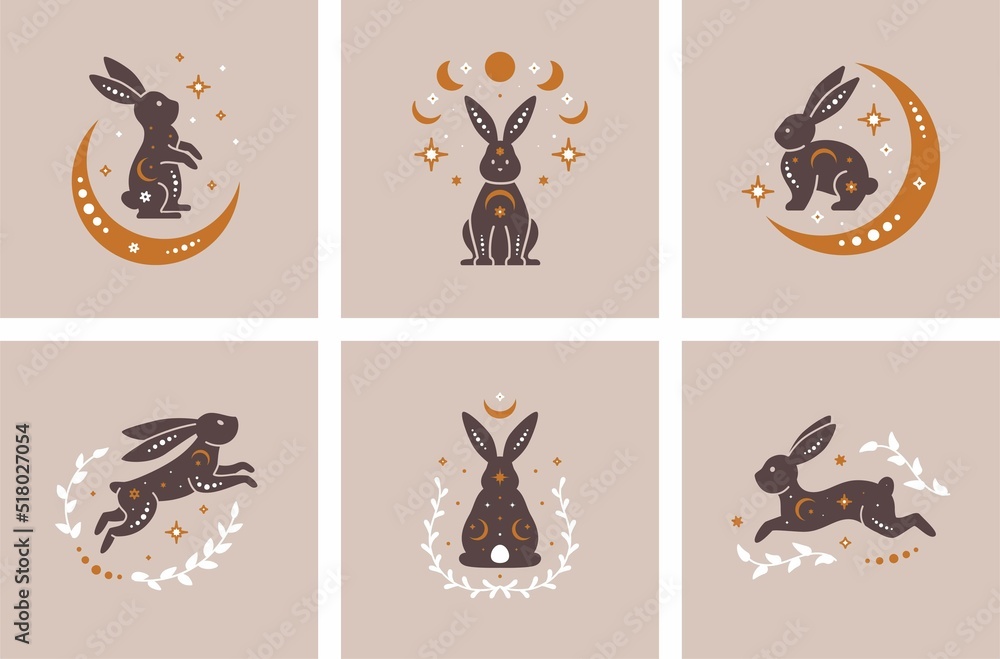 Mystery celestial black rabbits set. Trendy mystical design templates with bunnies or hares, stars, moon, leaves. Mysterious celestial cards for templates, posts, social media, business, banners etc. 