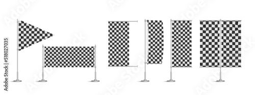 Racing flags, vinyl banners, black and white checkered signboards or billboards on metal poles used in motor sport. Ensigns of rectangular and triangular shapes, Realistic 3d vector illustration, set
