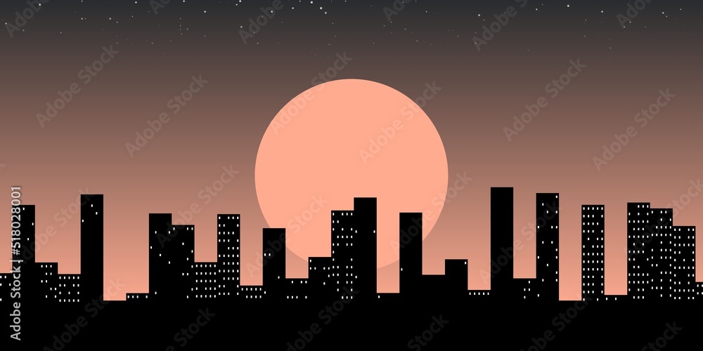 beautiful fantastic city with silhouettes of skyscrapers against the backdrop of a sunset. Buildings silhouette. Urban Landscape. Cityscape background in flat style. Modern city landscape.