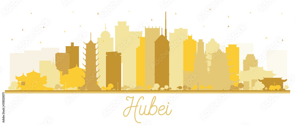 Hubei Province in China. City Skyline Silhouette with Golden Buildings Isolated on White.