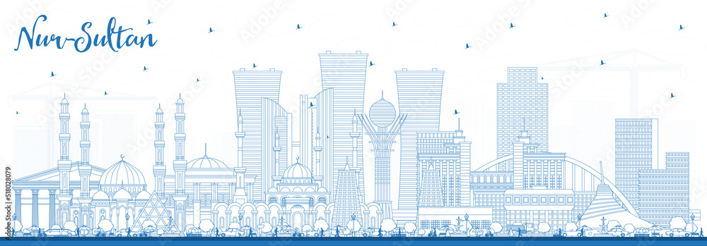 Outline Nur-Sultan Kazakhstan City Skyline with Blue Buildings.