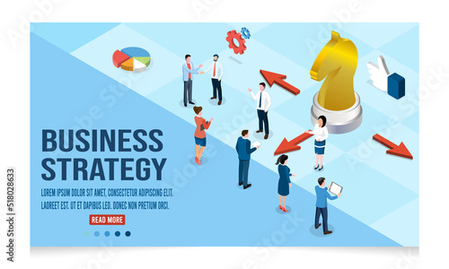 3D isometric Business strategy concept with office workers process a business strategy or financial goal. Vector illustration eps10
