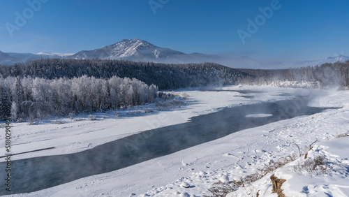 An ice-free river flows through a snow-covered valley. Steam over turquoise water. The trees are covered with frost. A picturesque mountain range against the blue sky. Altai. Katun