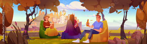 People relax at scenery autumn landscape with Mediterranean buildings on cliff. Tourists man and women with beer and popcorn sitting under trees, travel, outdoor leisure, Cartoon vector illustration