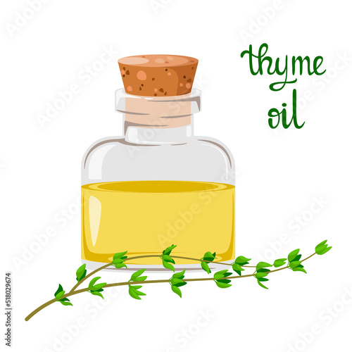 Glass bottle with thyme oil on a white background.
