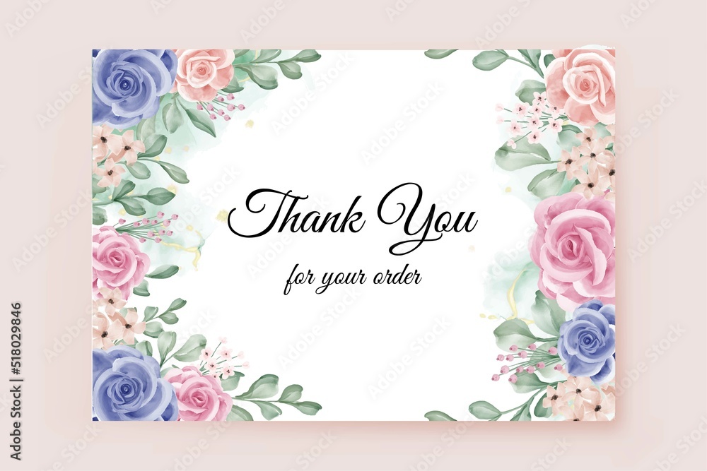 thank you card with flower pink and blue rose frame background