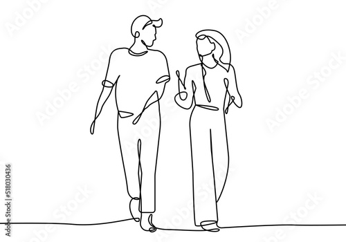 Women and Men Talking Trendy Line Art Drawing. Couple Walking Minimalist Black Lines Drawing on White Background. Continuous One Line Abstract Drawing. People Modern Design. Vector EPS 10	
