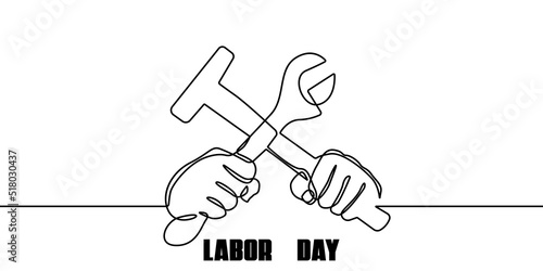 Labor Day Banner Template Minimalist Style with Hands Line Art Drawing. Workers Hands with Tools Continuous One Line Minimal Art Drawing. Trendy Minimalist Illustration. Vector EPS 10