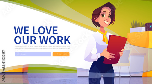 Bank office banner with woman clerk, cashier or credit consultant. Vector landing page of banking service staff with cartoon illustration of financial department with girl worker with documents photo