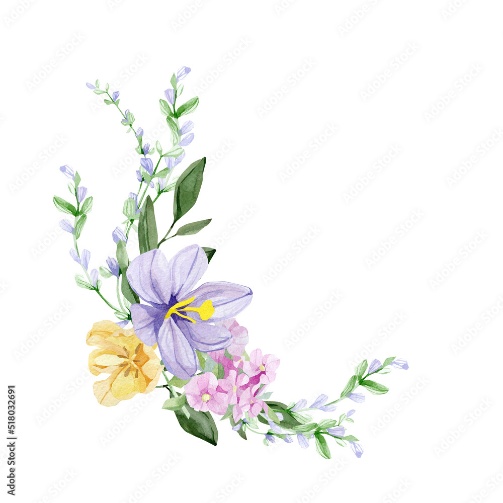Watercolor flowers bouquet sage, grass. Hand painted field floral design of field wildflowers isolated on white background. Botanical illustration for wedding invitation, poster.