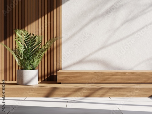Fototapeta Naklejka Na Ścianę i Meble -  3d wooden display podium with plant against wood plank and white wall. 3d rendering of realistic presentation for product advertising. 3d interior illustration.