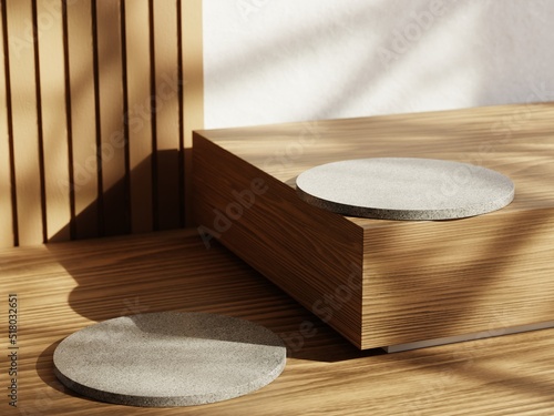 Fototapeta Naklejka Na Ścianę i Meble -  3d white granite display podiums on wooden table against wood plank and white wall. 3d rendering of realistic presentation for product advertising. 3d interior illustration.