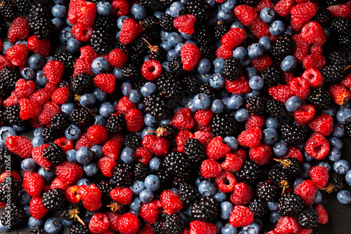 Seamless pattern with Flatley raspberry blackberry and blueberry.