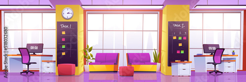 Modern coworking office interior with tables with desktop computers, chairs and lounge area with comfortable sofas and plants. Vector cartoon illustration of open space workplace