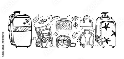 Set of different kinds of luggage, hand-drawn doodle in sketch style. Vector illustration. Large and small suitcase, small bag, hand luggage, valise, tags. Accessories. Airplane. Sketch.