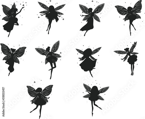Funny Gorgeous fairies different dresses isolated Vectors Silhouettes © Design Stock