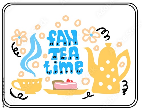 Tea service, garden flowers and cakes. Set of tea time elements. Vector illustration.