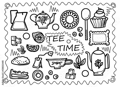 Black and white doodle style vector illustration with tea party set ,Background for restaurant or cafe menu
