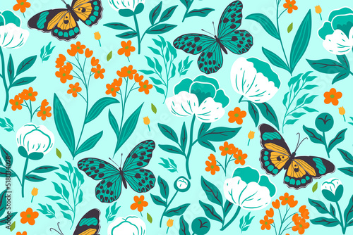 Seamless pattern with peonies and butterflies. Vector graphics.