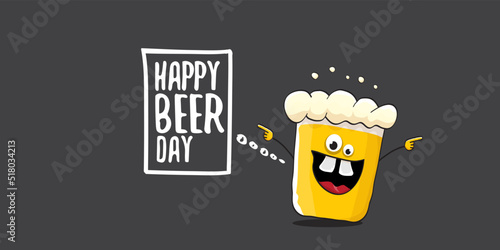 International beer day horizontal banner or summer poster with vector funky beer character isolated on grey background. Vector Cartoon funny International beer day label and poster