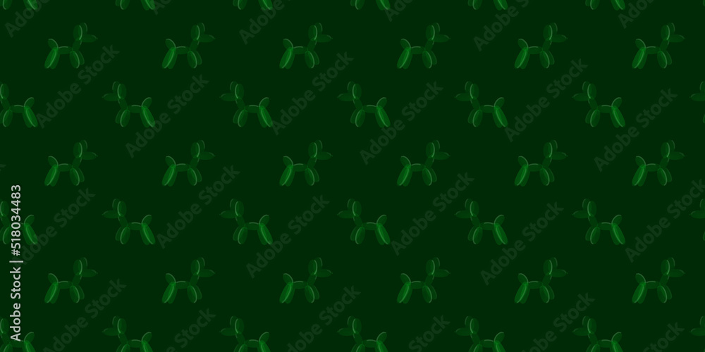 Funny green seamless pattern with a split image or out-of-focus effect. Figures of dogs from balloons on a dark green background