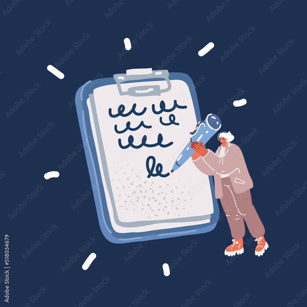 Cartoon vector illustration of woman with a giant pencil write on ...