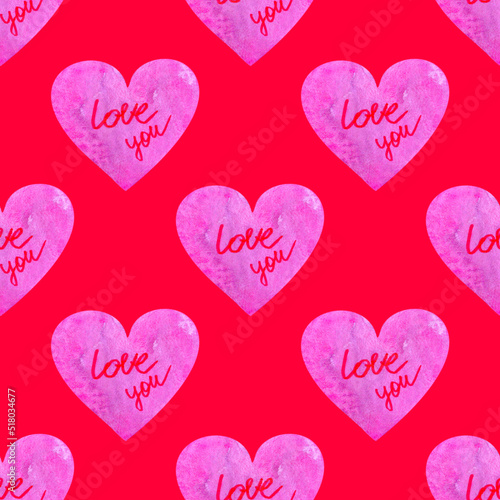 Watercolor pink hearts seamless pattern on red background