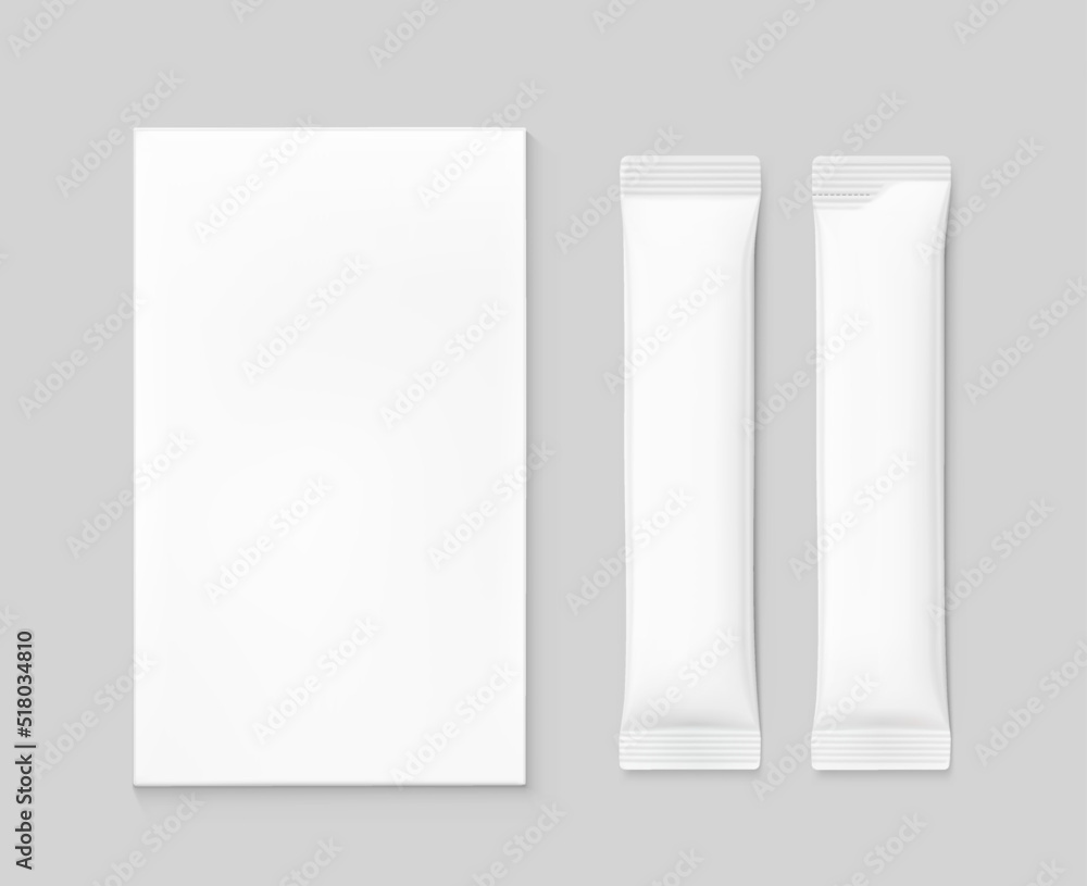 Universal blank cardboard box with wide stick bag mockup. Vector illustration Can be use for food, medicine, cosmetic and etc. EPS10.	