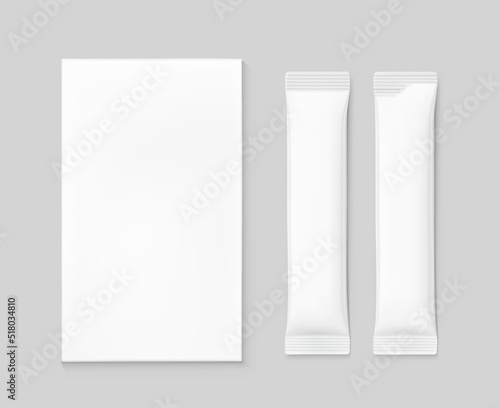 Universal blank cardboard box with wide stick bag mockup. Vector illustration Can be use for food, medicine, cosmetic and etc. EPS10.	