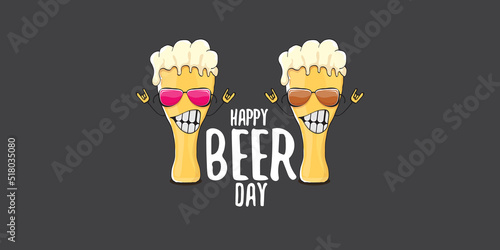 International beer day horizontal banner or summer poster with vector funky beer character isolated on grey background. Vector Cartoon funny International beer day label and poster