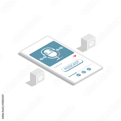 Isometric design, Podcast application on smartphone with speaker elements, Digital marketing illustration.