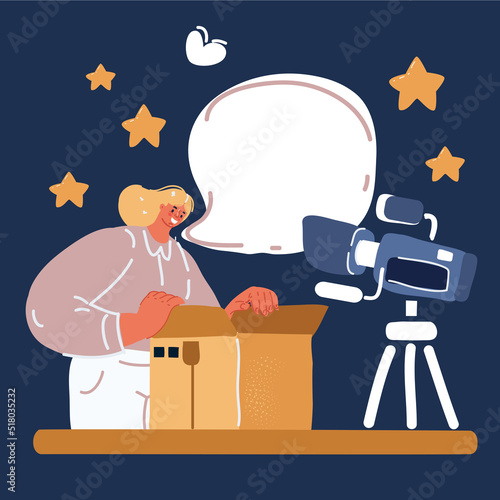 Cartoon vector illustration of woman unpacking parcel, vlogger received online store order, good quick delivery service