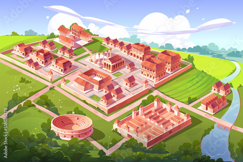 Ancient Rome city, isometric cartoon cityscape with buildings of Capitol, basilica with square, Castrum, Medicorum, Harbor, Roman Amphitheater, forum, taberna and insula. Vector architecture landmarks