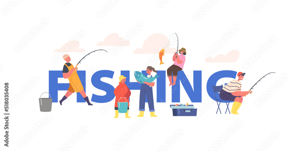Kids Fishing Poster, Children Fishermen Concept, Little Boys and Girls with Rods on Pier. Characters Summer Recreation Kids Fishing Poster, Children Fishermen Concept, Little Boys and Girls with Rods on Pier. Characters Summer Recreation