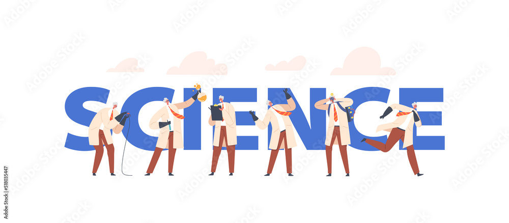 Science Concept Poster. Crazy Professor Wear Lab Coat, Nuts Doctor Character Conduct Experiment, Laugh, Writing Notes Science Concept Poster. Crazy Professor Wear Lab Coat, Nuts Doctor Character Conduct Experiment, Laugh, Writing Notes