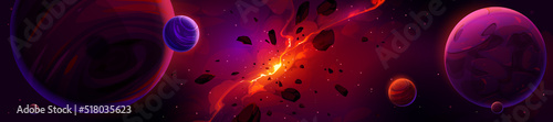 Cartoon red space background with glowing galaxy nebula and flying rocks and planets in dark starry sky. Birth of new star, explode in universe. Fantasy alien world, cosmos view, Vector illustration