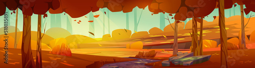 Cartoon forest fall landscape, autumn day background with dirt road going along orange trees, bushes and glade with stones or rocks under blue sky with sun beams, scenery wood, Vector illustration