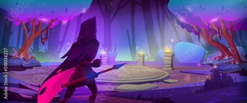 Fantasy ranger or warrior in cape with spear in night magic forest landscape with stone altar or portal under neon purple glowing trees. Fairy tale book or game personage, Cartoon vector illustration