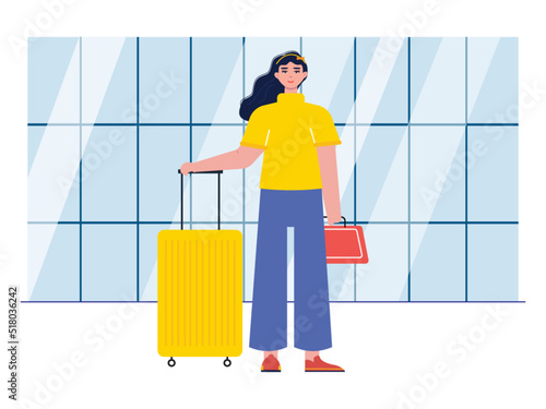 A women standing with suitcase and bag at airport. Style of own journey. Ai vector illustration 
