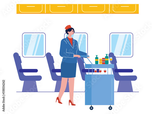 Stewardess carrying food and drinks trolley in passenger cabin of airplane. Another service from stewardess. Ai vector illustration	
