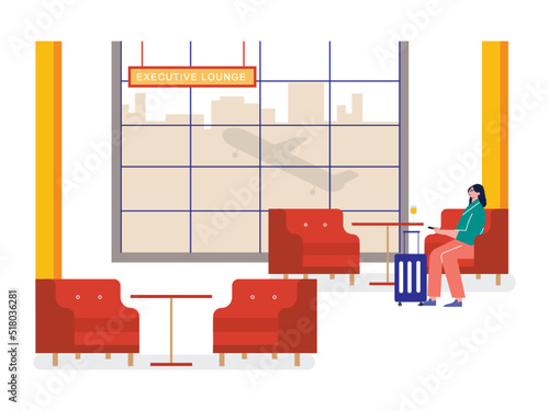 Vip waiting room for passengers. A woman enjoying a drink in the lounge. she brought the black suitcase. Ai vector illustration	