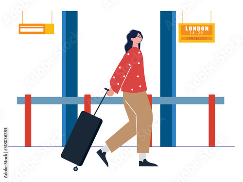 Woman walking carrying a suitcase in an airport corridor. Passenger travel with casual dress. Ai vector illustration	