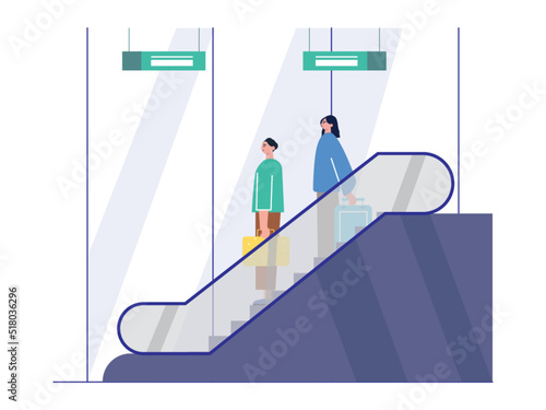 Passengers with suitcase get off the escalator. Escalator with transparent glass to facilitate mobility. Ai vector illustration	