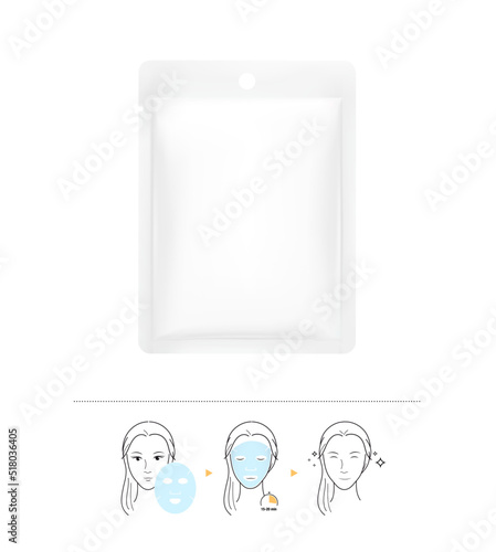 A sachet bag with instructions for the use of facial cosmetic mask. Vector illustration isolated on white background. Can be used for cosmetic mask and hygiene, medical. EPS10.