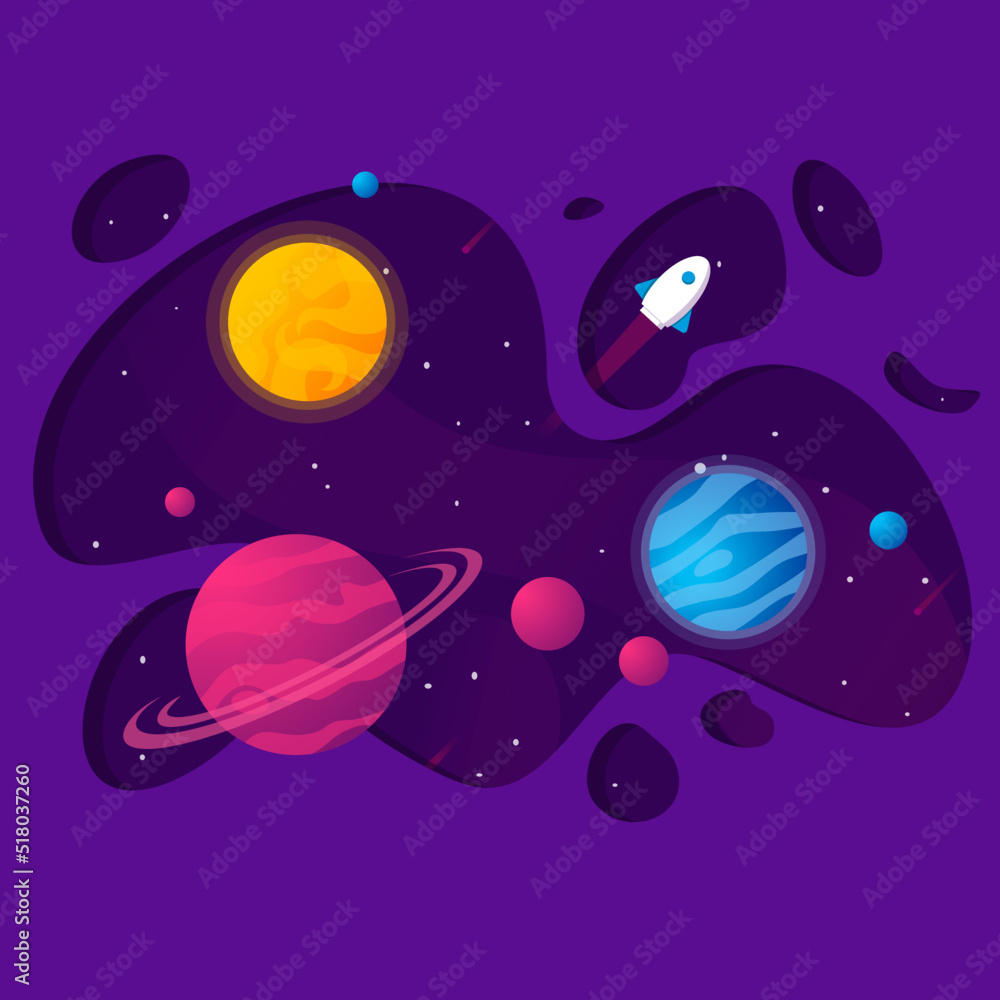 Vector illustration of outer space, interstellar travels, universe and distant galaxies, solar system, and spaceship. Background 