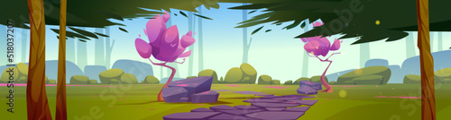 Cartoon nature landscape beautiful garden or forest. Scenery background with stone paved pathway, deciduous trees, rocks, grass and blooming sakura. Summer wood natural scene, Vector illustration